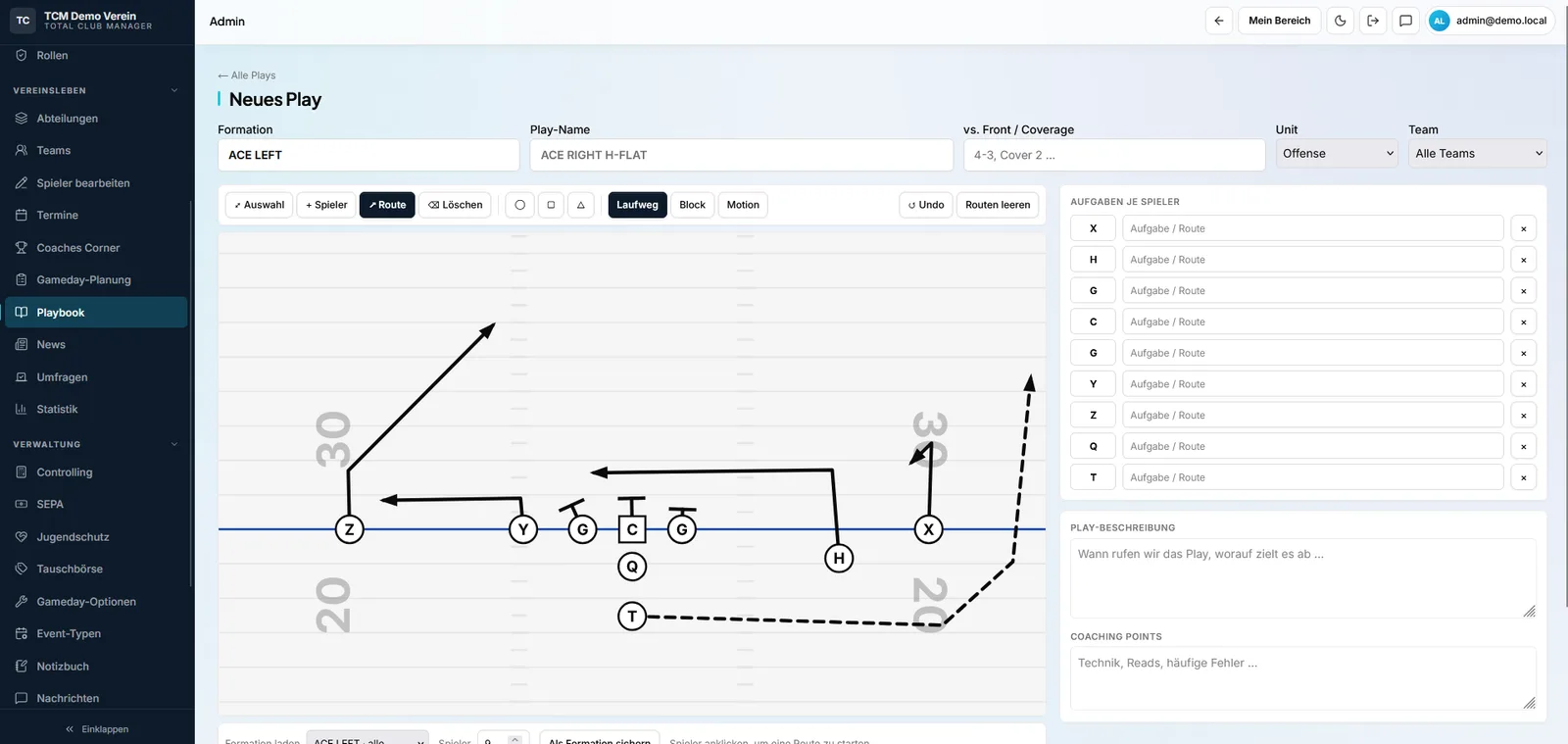 TCM Playbook – Play-Editor mit Formation, Routen und Aufgaben je Spieler
