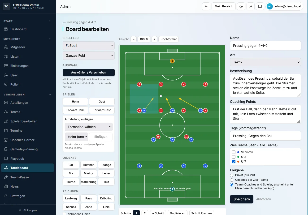 TCM Tactic Board – Editor mit Fußballfeld, Pressing-Taktik, Laufwegen und Zonen