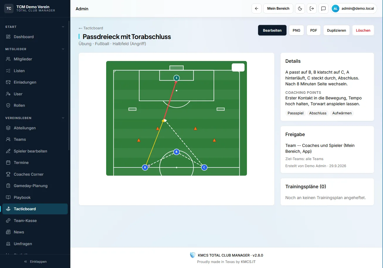 TCM Tactic Board – Übung Passdreieck mit Torabschluss, Beschreibung, Coaching Points und Freigabe