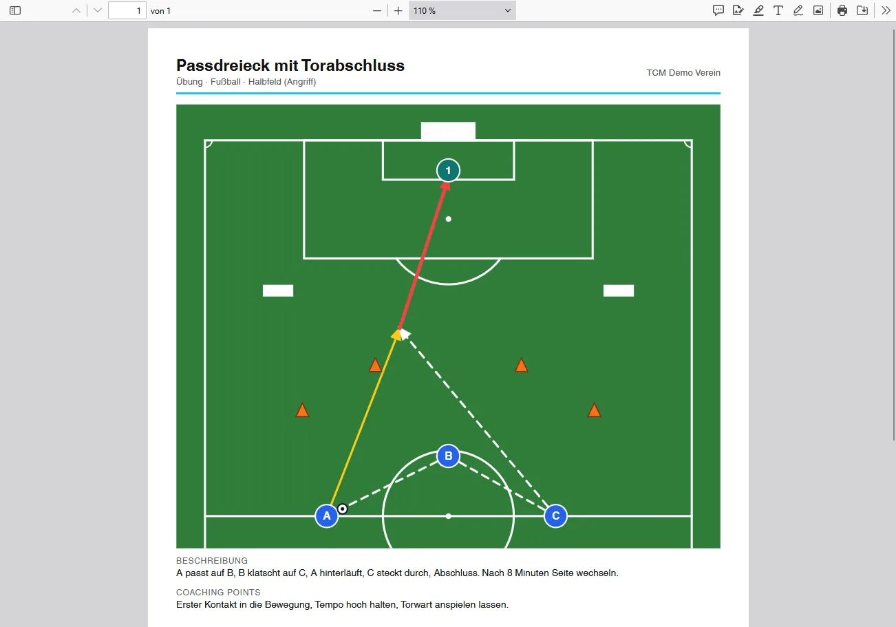 TCM Tactic Board – PDF-Export einer Übung mit Beschreibung und Coaching Points