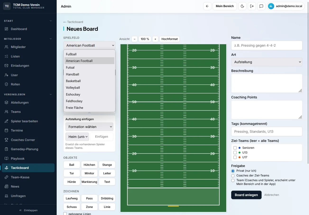 TCM Tactic Board – Neues Board mit Sportart-Auswahl: Fußball, American Football, Futsal, Handball, Basketball, Volleyball, Eishockey, Feldhockey